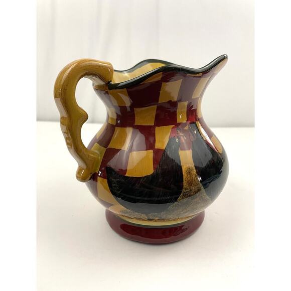 VTG Ceramic Farmhouse Rooster Checkered Pitcher with Spout Handle - Picture 6 of 12